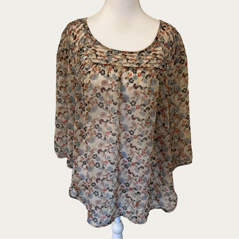 LC Lauren Conrad Floral Print Sheer Blouse‎ - Cream and Multicolor Sz Large